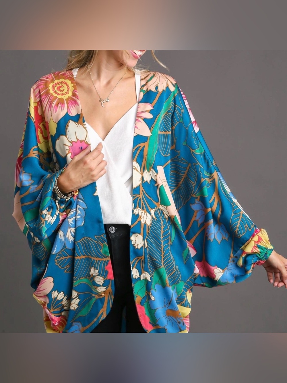 Vibrant Teal Floral Kimono Top NWT